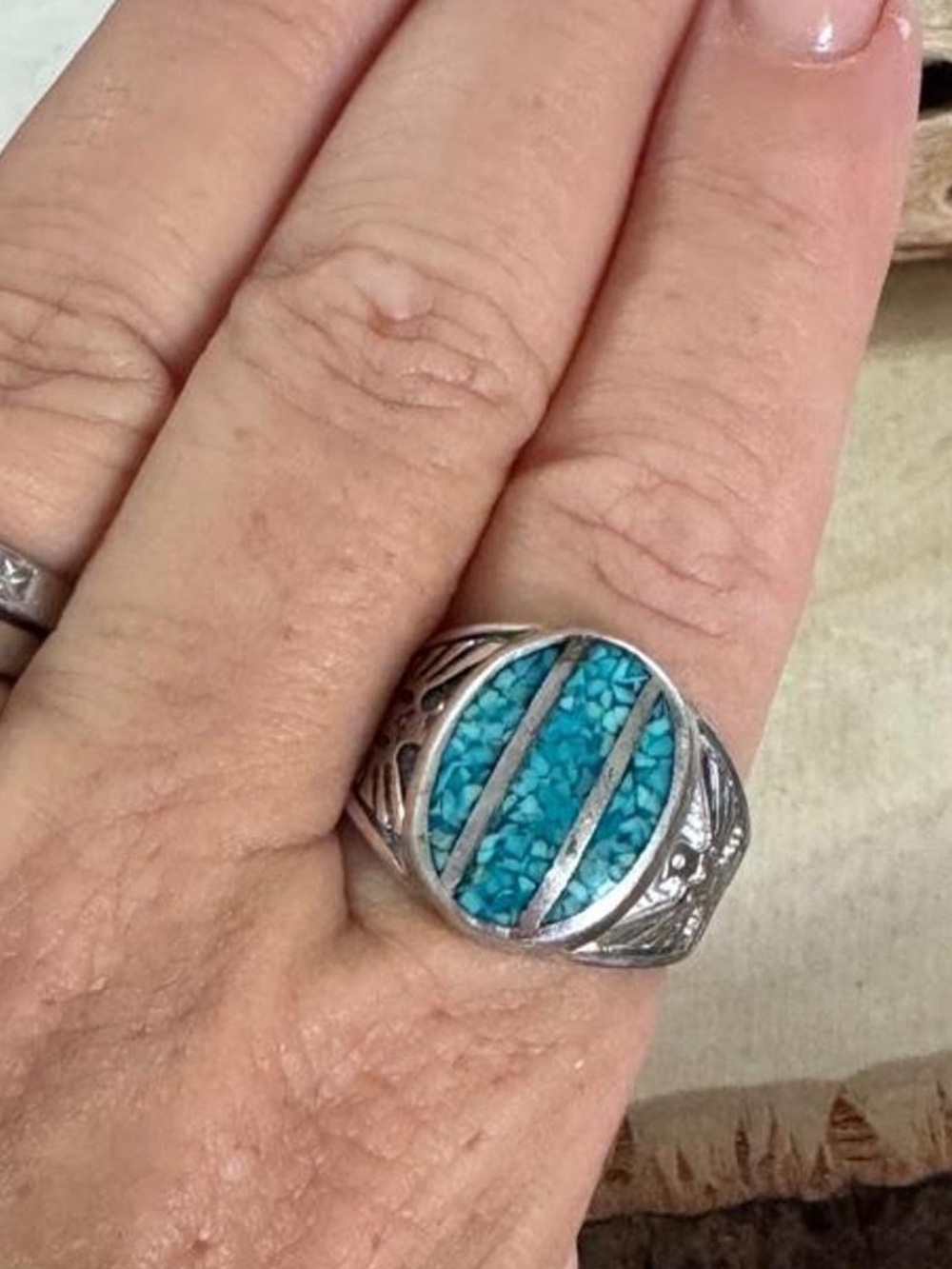 Native American Sterling Silver Turquoise Thunderbird Ring Size 12.5 signed